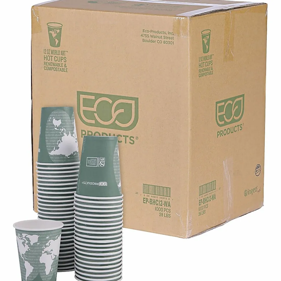 Eco-Products World Art Hot Beverage Cups, 12 Oz, Green, Carton Of 1,000