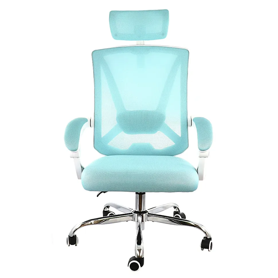 Elama Ergonomic Mesh Full-Back Adjustable Office Task Chair With Headrest, Blue/White