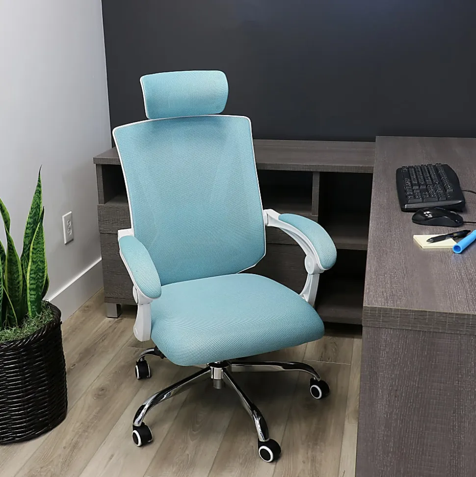 Elama Ergonomic Mesh Full-Back Adjustable Office Task Chair With Headrest, Blue/White