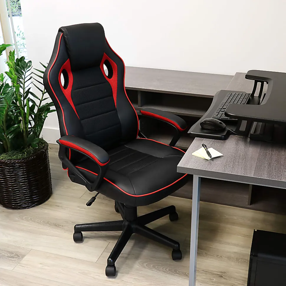 Elama Faux Leather/Mesh/Fabric High-Back Adjustable Office Task Chair, Black/Red Trim