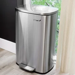Elama 13-Gallon Rectangular Stainless Steel Step Trash Bin With Slow Close Mechanism, 25-1/4”H x 16-3/4”W x 12”D, Matte Silver