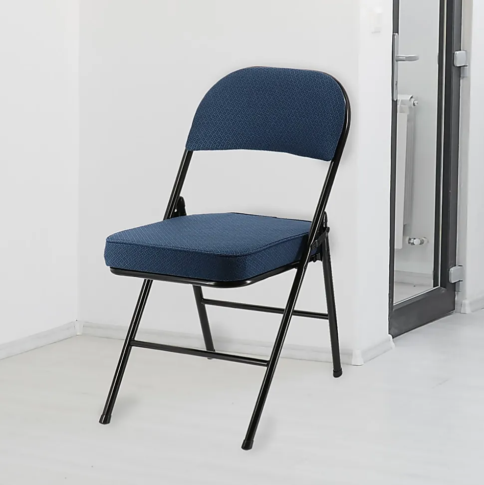 Elama Metal Folding Chairs With Padded Seats, Dark Blue/Black, Set Of 4 Chairs