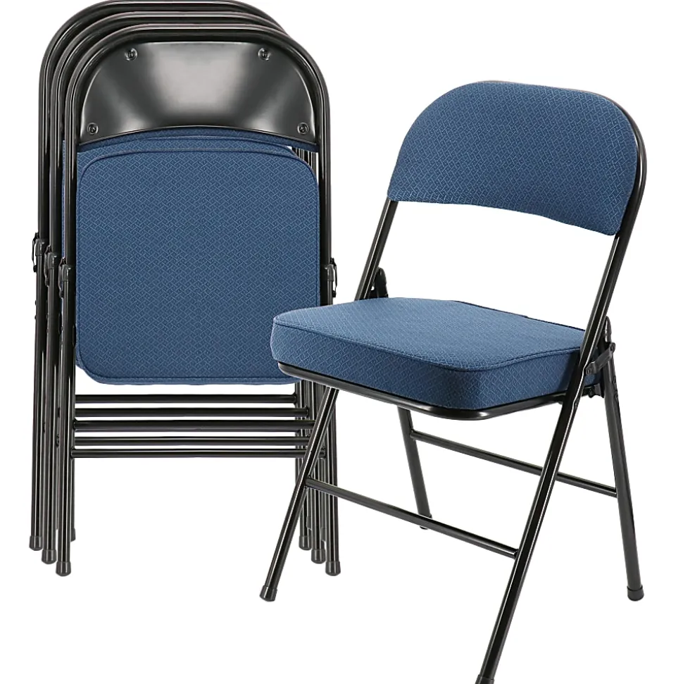 Elama Metal Folding Chairs With Padded Seats, Dark Blue/Black, Set Of 4 Chairs