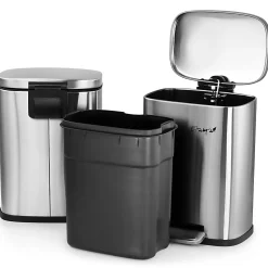 Elama 3 Piece 13 Gallon and 1.3 Gallon Stainless Steel Step Trash Bin Combo Set with Slow Close Mechanism