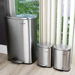 Elama 3 Piece 13 Gallon and 1.3 Gallon Stainless Steel Step Trash Bin Combo Set with Slow Close Mechanism