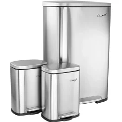 Elama 3 Piece 13 Gallon and 1.3 Gallon Stainless Steel Step Trash Bin Combo Set with Slow Close Mechanism