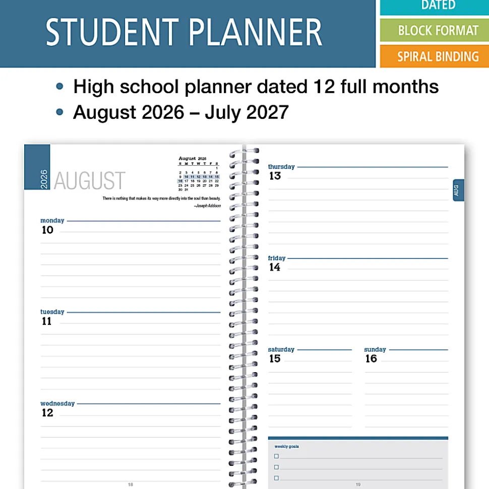 2026-2027 ELAN Publishing Weekly/Monthly Academic Year Student Planner, 5” x 8", White, August To July, Total Qty 1