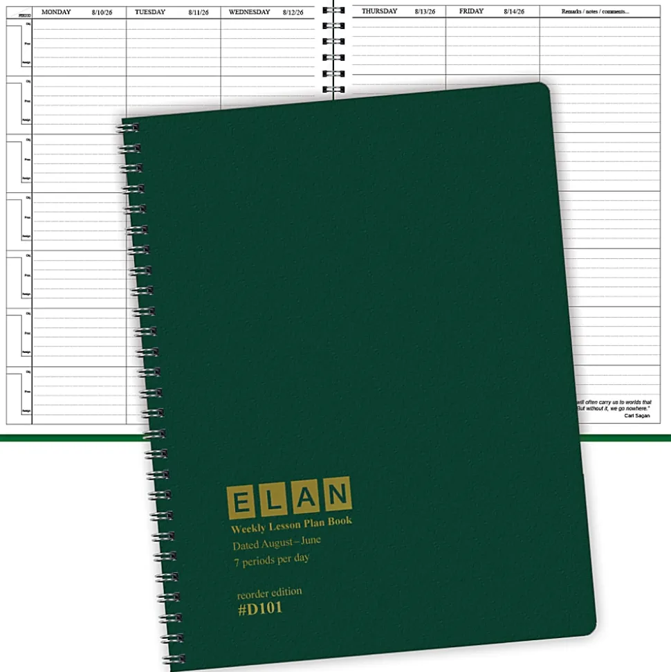 2026-2027 ELAN Publishing Weekly/Monthly Academic Year Teacher Lesson Planner, 8-1/2" x 11", Green, August To June, Total Qty 1