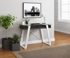 Elle Décor Lara 42”W Writing Desk, Cool Gray/Snow White