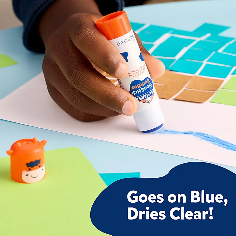 Elmer's BlooStick Buddies Glue Sticks, Disappearing Blue Glue Stick, Anti-Roll Cap, 6g, 4 Count