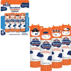 Elmer's BlooStick Buddies Glue Sticks, Disappearing Blue Glue Stick, Anti-Roll Cap, 6g, 4 Count