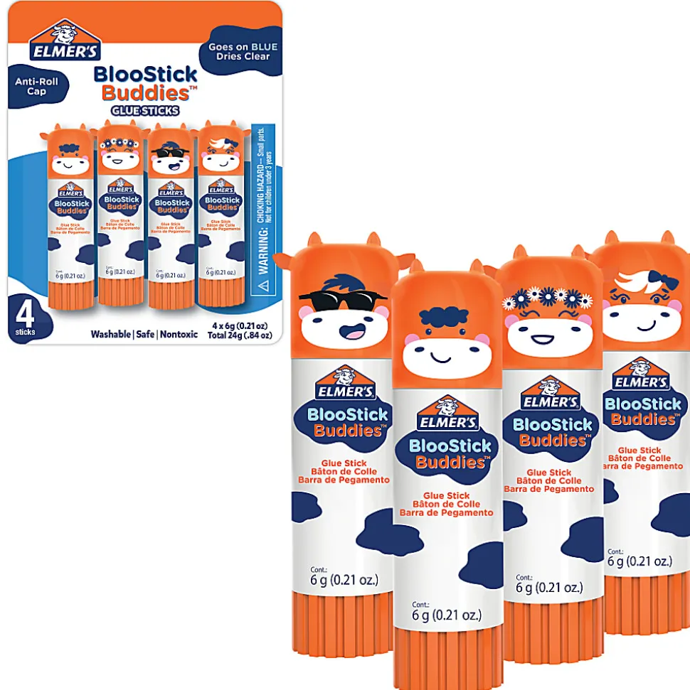 Elmer's BlooStick Buddies Glue Sticks, Disappearing Blue Glue Stick, Anti-Roll Cap, 6g, 4 Count