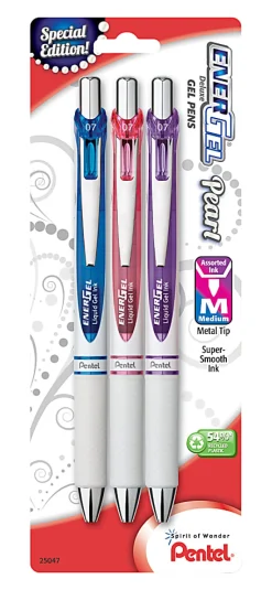 EnerGel™ Pearl Pens, Medium Point, 0.7 mm, 54% Recycled, Pearl White Barrel, Assorted Ink Colors, Pack Of 3