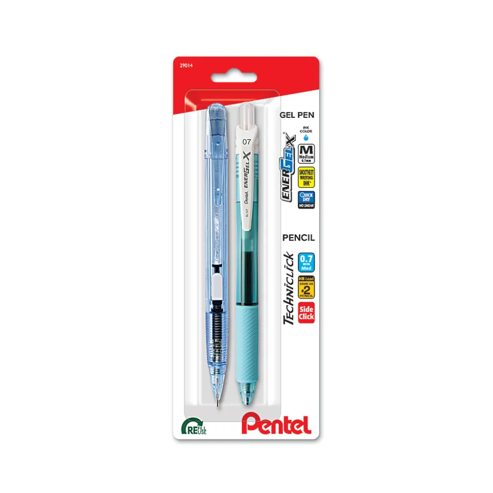 EnerGel-X, Techniclick Pen and Pencil Set, 0.7mm, White/Blue, 2-Pk
