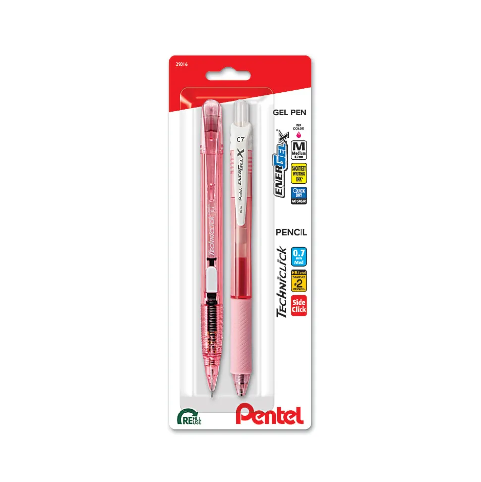 EnerGel-X, Techniclick Pen and Pencil Set, 0.7mm, White/Pink, 2-Pk