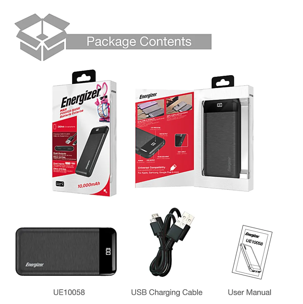 Energizer® 10000mAh Power Bank Charger, Black, UE10058