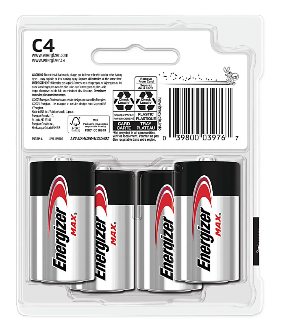Energizer MAX C Batteries (4 Pack), C Cell Alkaline Batteries