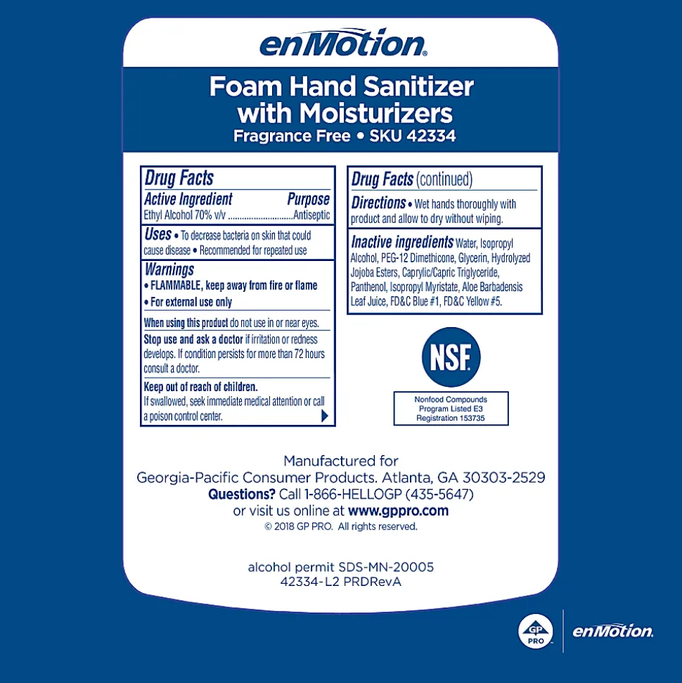 enMotion® Gen2 Moisturizing Foam Hand Sanitizer Refills for Automated Dispensers, E-3 Rated, 1000 mL (33.81 Oz), 2 Bottles Per Case