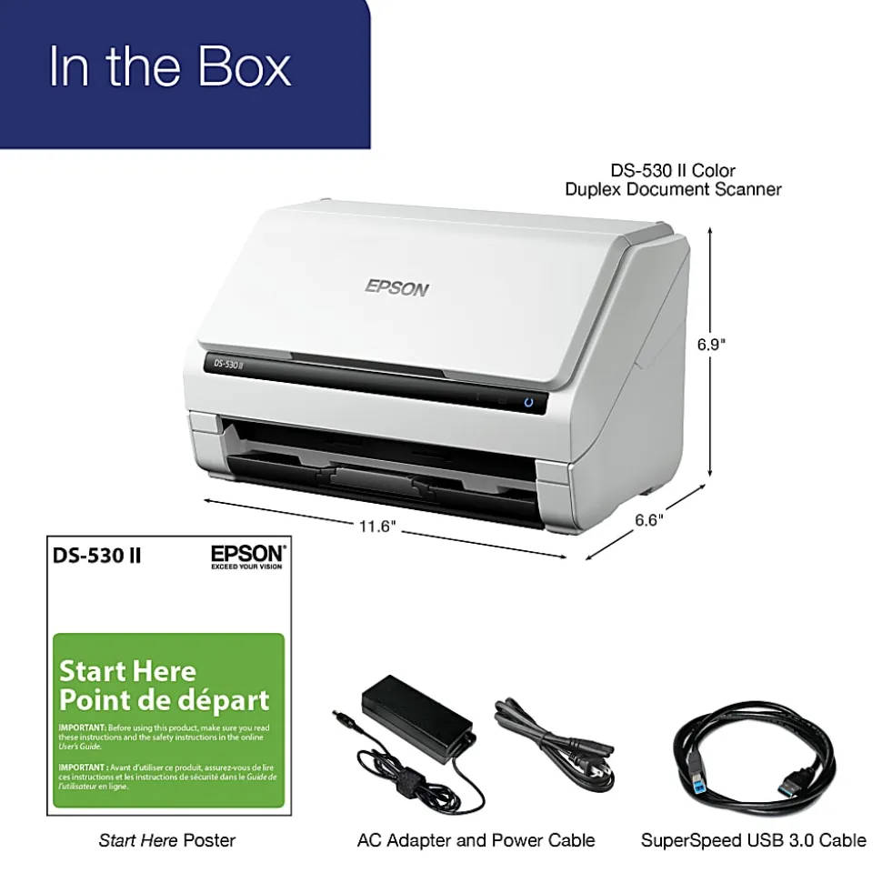Epson DS-530 II Large Format ADF Scanner, 600 dpi Optical, B11B261202