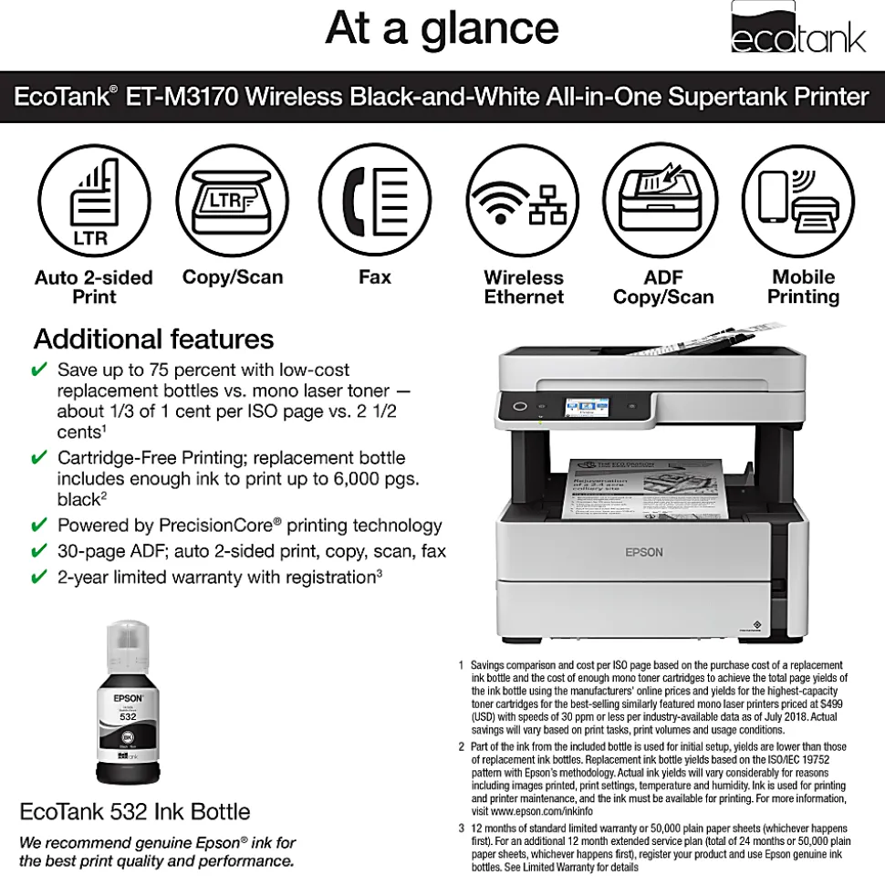 Epson® EcoTank® ET-M3170 SuperTank® Wireless All-In-One Monochrome Printer