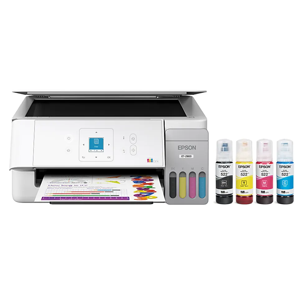 Epson EcoTank ET-2900 Wireless All-in-One Color Supertank Printer, Up To 3 Years Of Ink, Refillable Tanks, White, C11CL63202