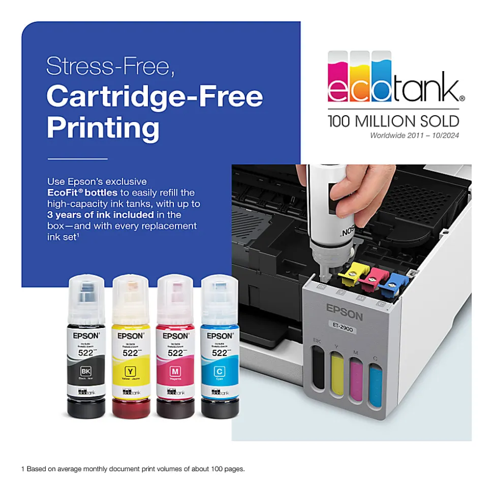 Epson EcoTank ET-2900 Wireless All-in-One Color Supertank Printer, Up To 3 Years Of Ink, Refillable Tanks, White, C11CL63202