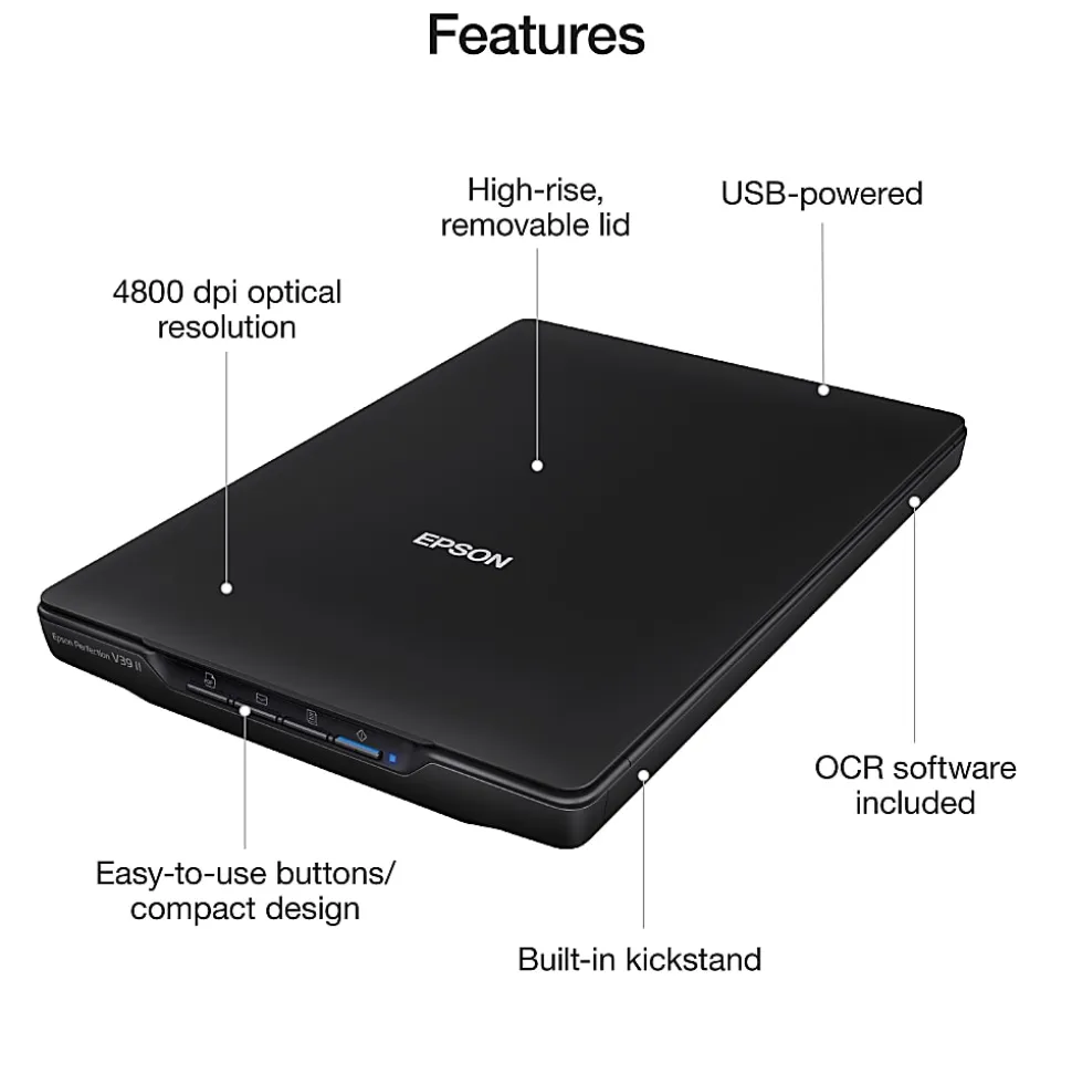 Epson® Perfection V39 II Color Photo And Document Flatbed Scanner, Black, B11B268201