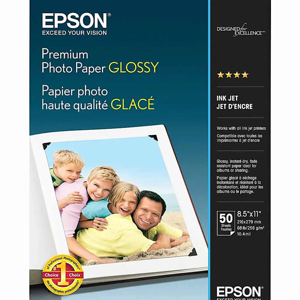 Epson® Premium Glossy Photo Paper, Letter Size (8 1/2" x 11"), Pack Of 50 Sheets