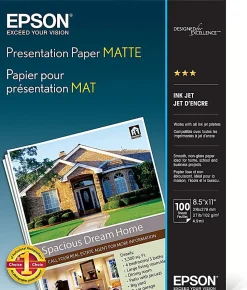 Epson® Presentation Paper, Matte White, Letter (8.5" x 11"), 100 Sheets Per Pack, 27 Lb, 90 Brightness