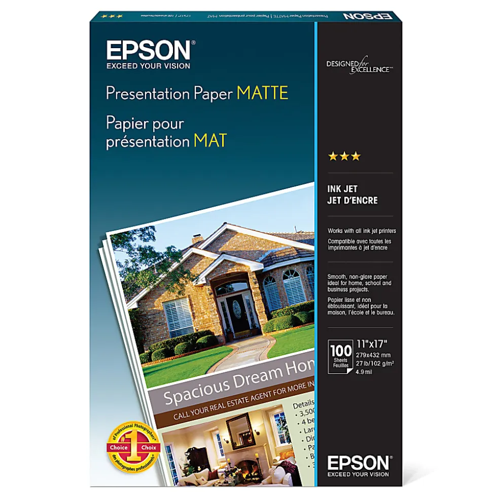 Epson® Presentation Paper, Matte White, Ledger (11" x 17"), 100 Sheets Per Pack, 27 Lb, 90 Brightness