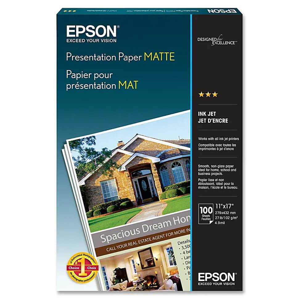 Epson® Presentation Paper, Matte White, Ledger (11" x 17"), 100 Sheets Per Pack, 27 Lb, 90 Brightness