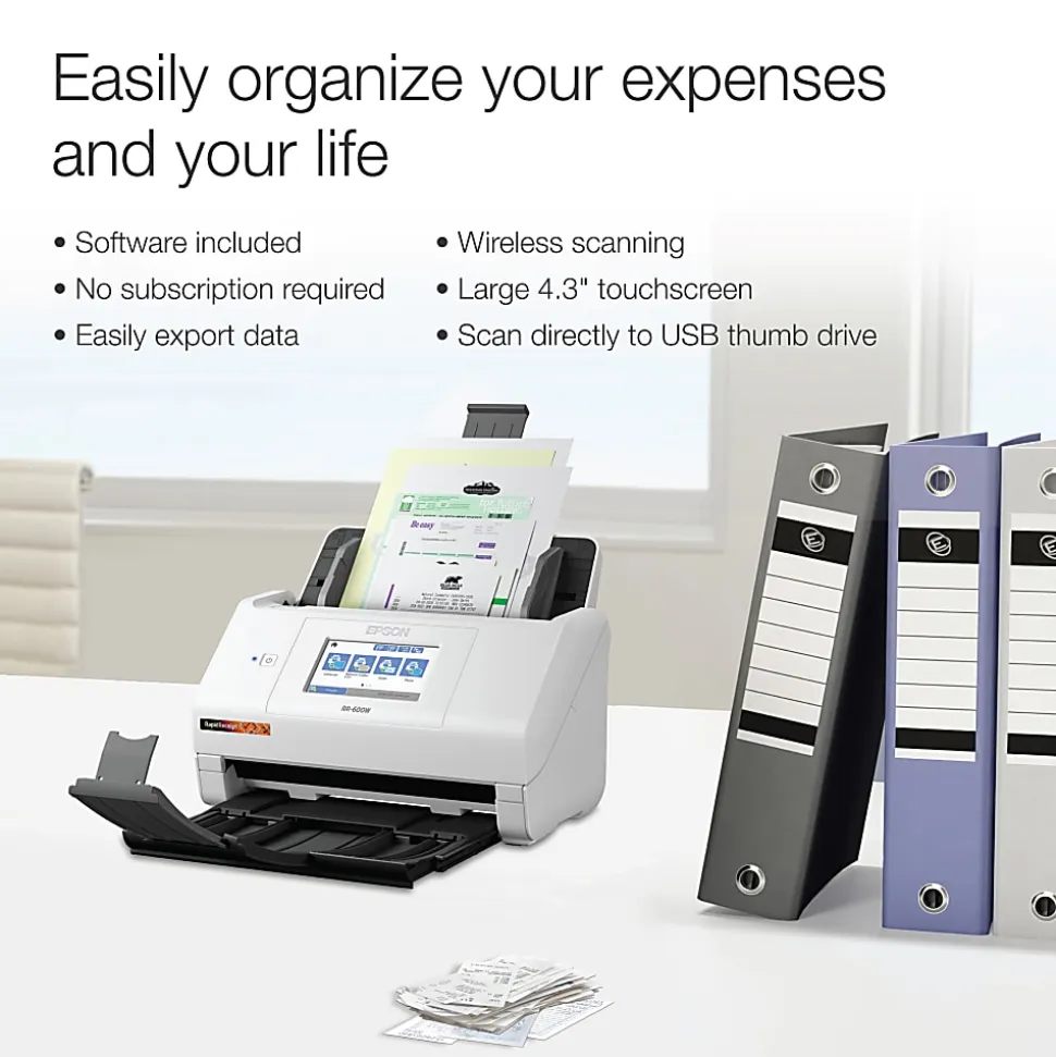 Epson® RapidReceipt™ Wireless Touchscreen Desktop Receipt And Color Document Scanner With Auto Document Feeder, RR-600W