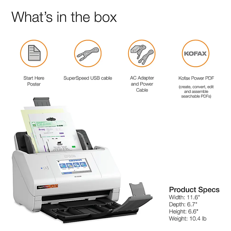 Epson® RapidReceipt™ Wireless Touchscreen Desktop Receipt And Color Document Scanner With Auto Document Feeder, RR-600W