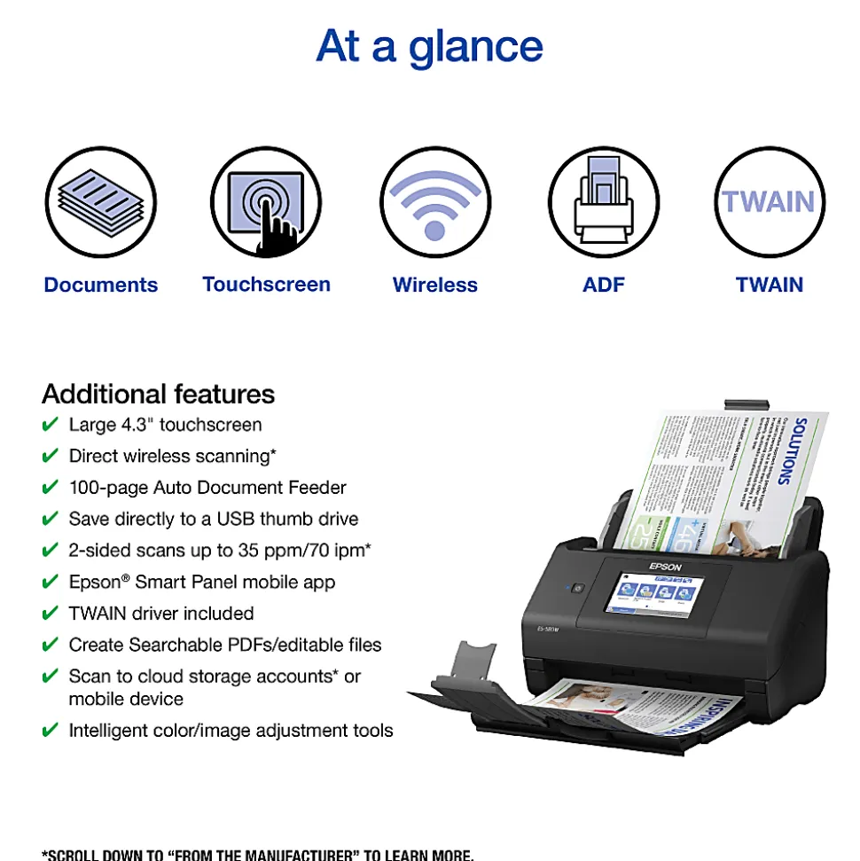 Epson® WorkForce® ES-580W Wireless Duplex Touchscreen Desktop Color Document Scanner with Auto Document Feeder