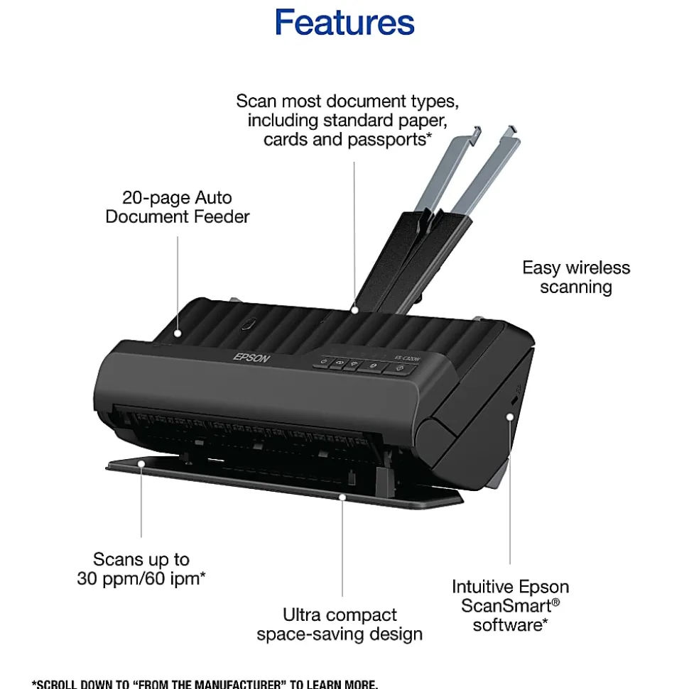 Epson WorkForce® Wireless Compact Desktop Document Scanner, ES-C320W