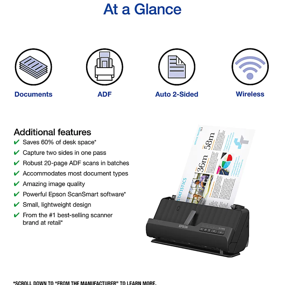 Epson WorkForce® Wireless Compact Desktop Document Scanner, ES-C320W