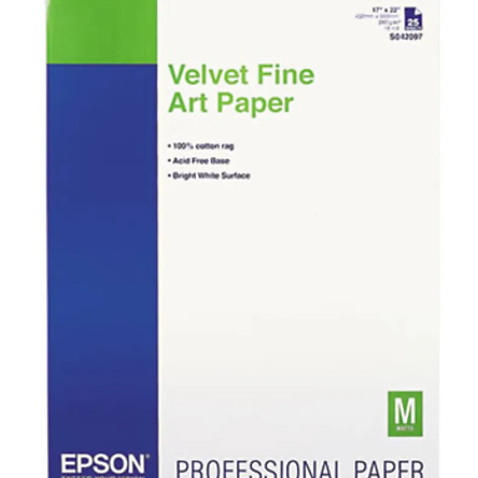 Epson 17" x 22" Velvet Fine Art Paper For Inkjet Printers, 25 Sheets