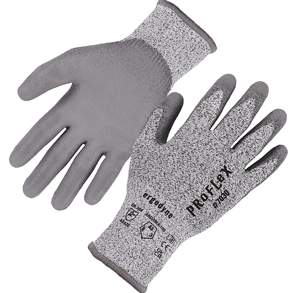 Ergodyne Proflex 7030-12PR PU-Coated Cut-Resistant Gloves, Large, Gray, Set Of 12 Pairs