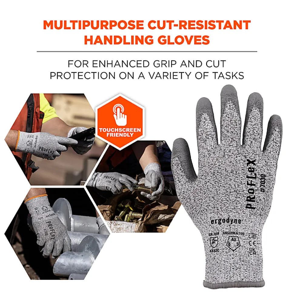Ergodyne Proflex 7030-12PR PU-Coated Cut-Resistant Gloves, Large, Gray, Set Of 12 Pairs