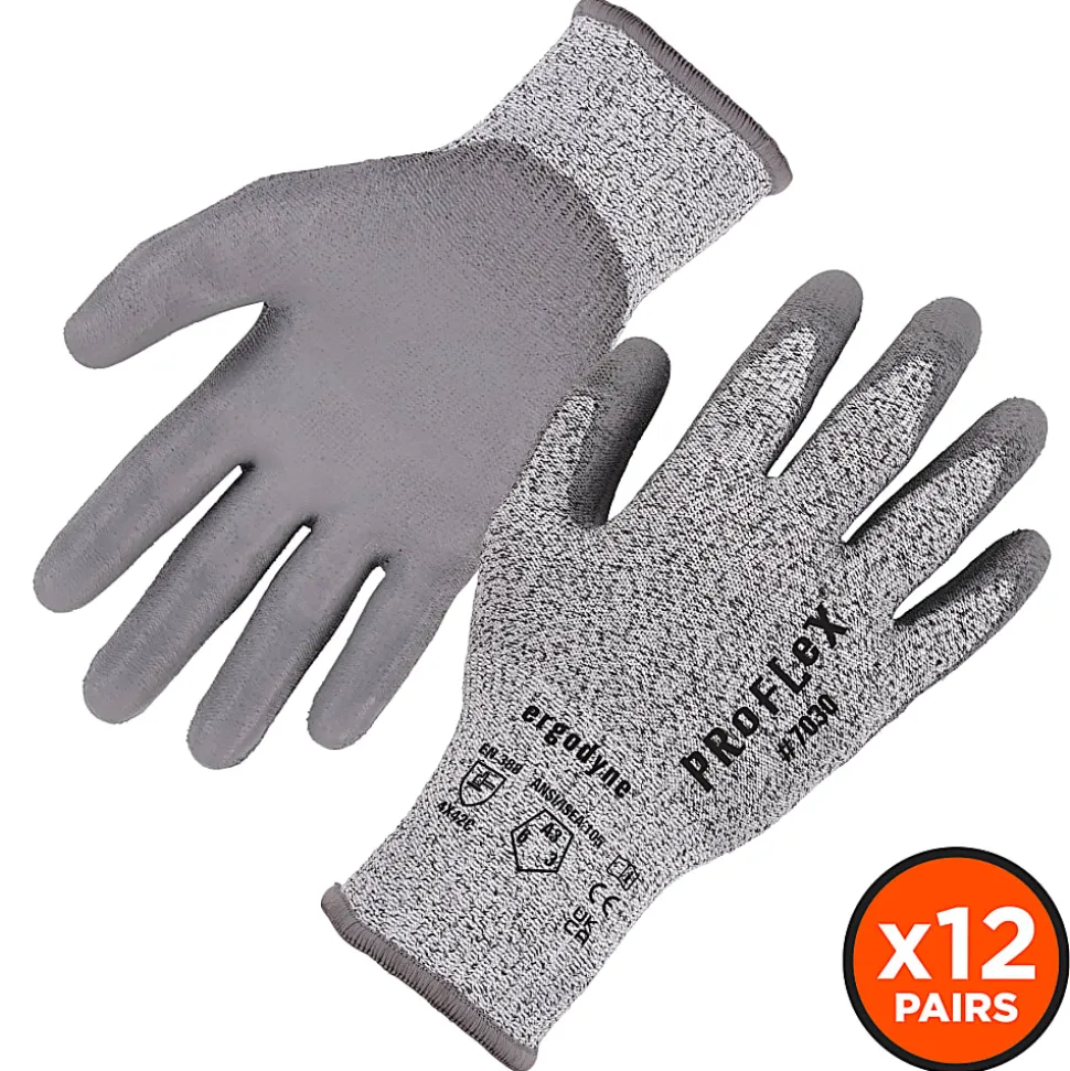 Ergodyne Proflex 7030-12PR PU-Coated Cut-Resistant Gloves, Large, Gray, Set Of 12 Pairs