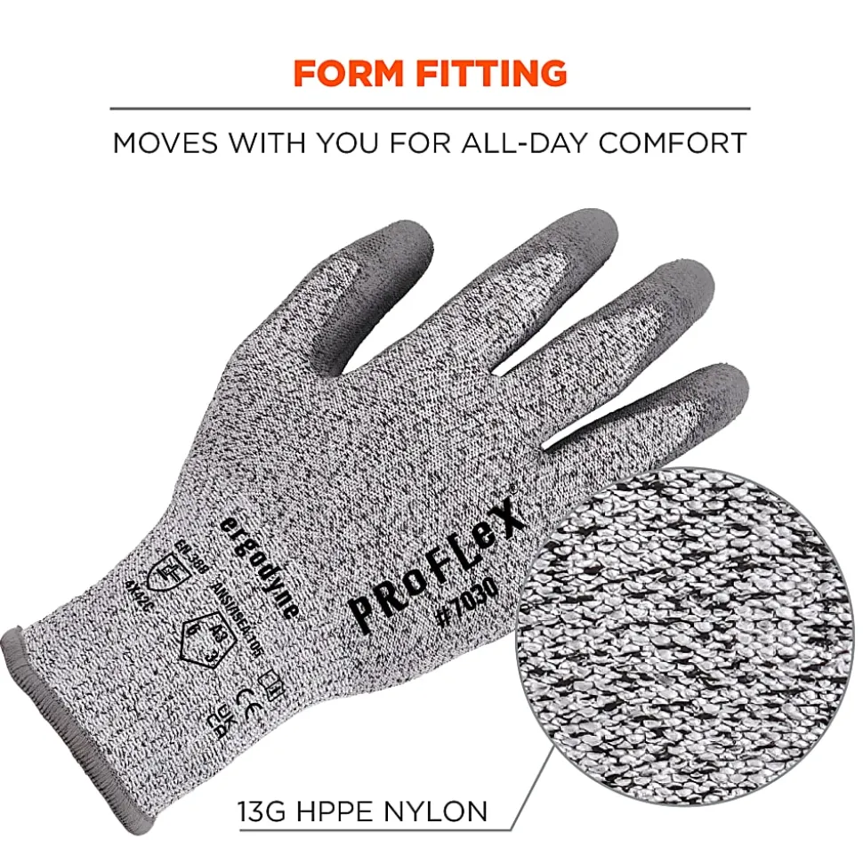 Ergodyne Proflex 7030-12PR PU-Coated Cut-Resistant Gloves, Large, Gray, Set Of 12 Pairs