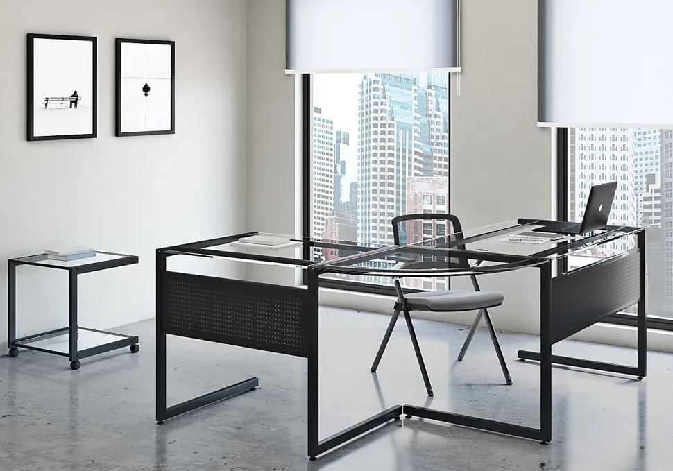 Eurostyle Caesar 78"W Corner Desk, Black/Clear