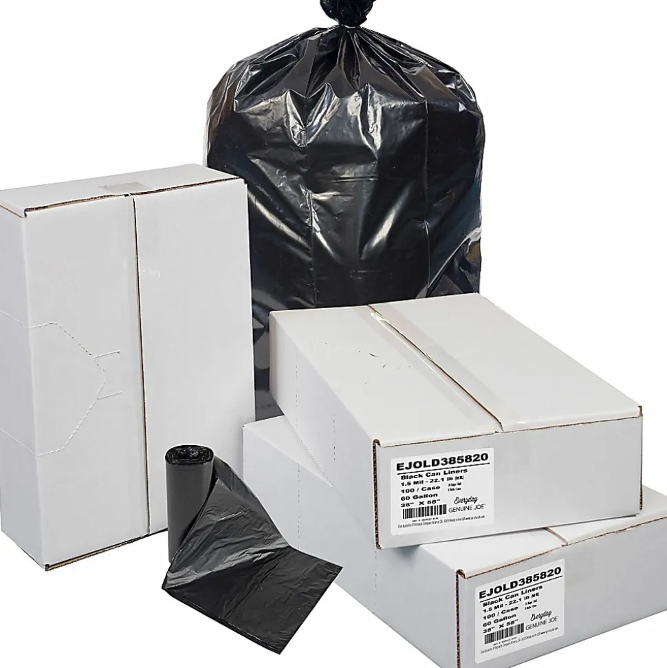 Everyday Genuine Joe Low-Density Can Liners, 60 gal Capacity, 38"x 58"x1.50 mil (38 Micron) Thickness, 100 Bags - LD385820