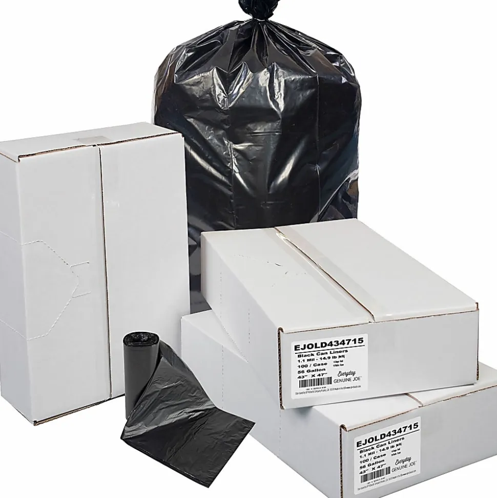 Everyday Genuine Joe Low-Density Can Liners, 55 gal Capacity, 43"x 47"x1.10 mil (28 Micron) Thickness, 100 Bags - LD434715