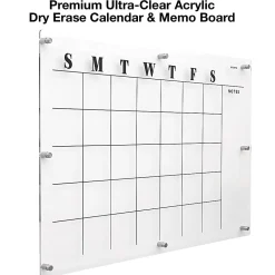 Excello Acrylic Non-Magnetic Dry-Erase Board With Custom Printed Calendar, 30” x 20”, Clear