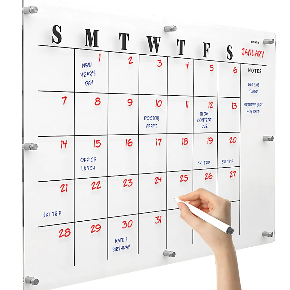 Excello Acrylic Non-Magnetic Dry-Erase Board With Custom Printed Calendar, 30” x 20”, Clear