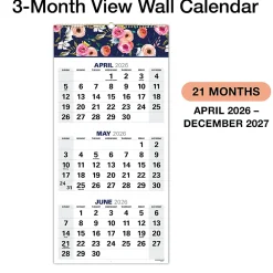 2026-2027 Excello Brands Academic Year Large Print 3-Month View Wall Calendar, 27" x 13", Navy Floral, April To December, Total Qty 1