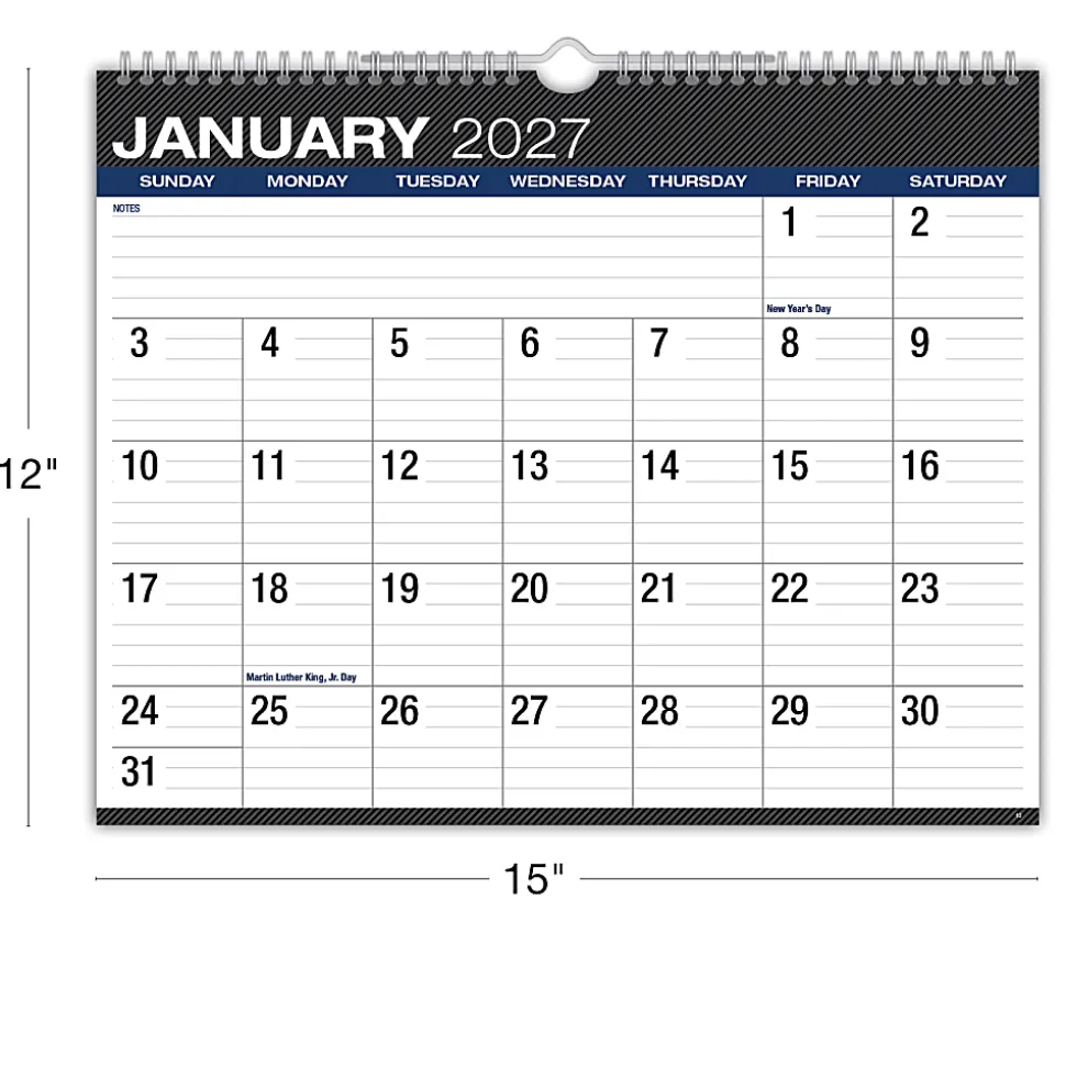2026-2027 Excello Brands Academic Year Large Print Wall Calendar, 15" x 12", Black, April To December, Total Qty 1