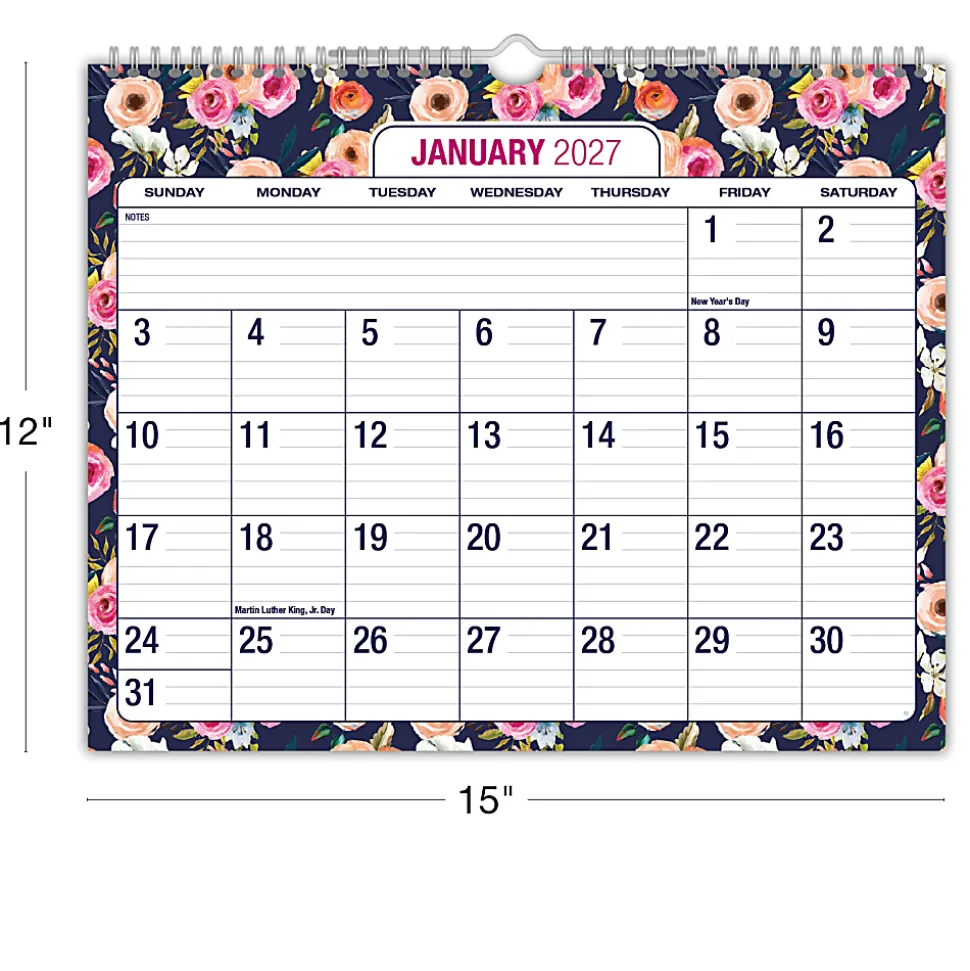 2026-2027 Excello Brands Academic Year Large Print Wall Calendar, 15" x 12", Navy Floral, April To December, Total Qty 1