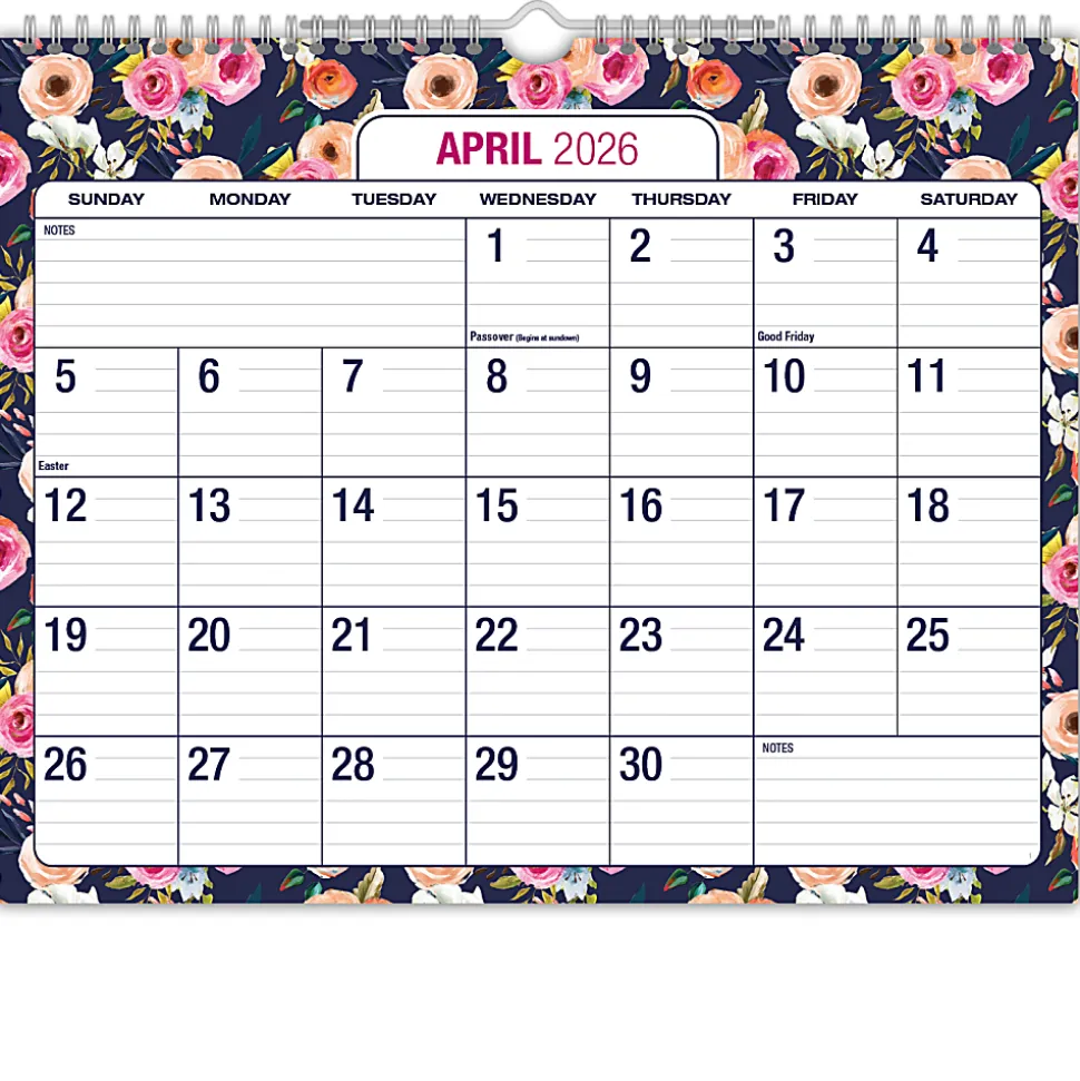 2026-2027 Excello Brands Academic Year Large Print Wall Calendar, 15" x 12", Navy Floral, April To December, Total Qty 1
